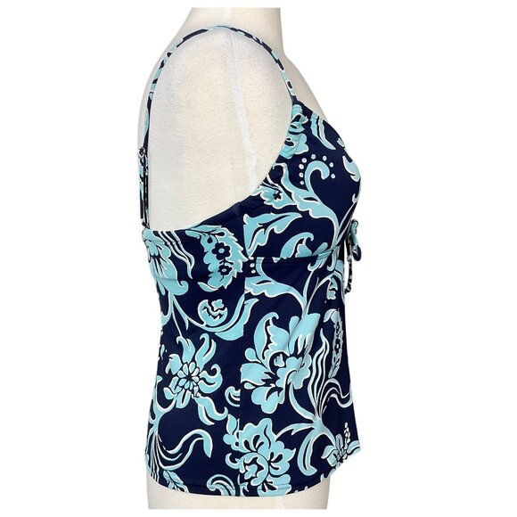 Land's End Underwire Cinch Tie Front Adjustable Strap Blue Floral Tankini 6 - Picture 3 of 7